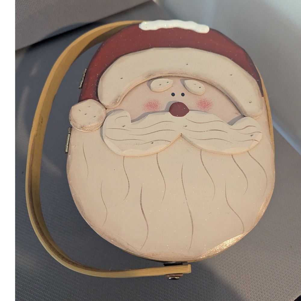 Vintage Santa Claus Woven Christmas Basket Hand Painted Wood Lid Holiday Decor